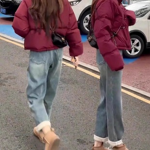 梨形身材宽松显瘦哈伦老爹裤 新款 女秋冬季 加绒保暖高腰直筒牛仔裤