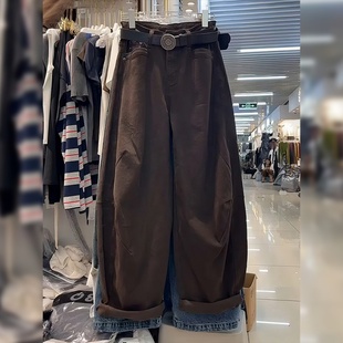 复古咖色牛仔裤女秋冬新款大码胖mm宽松显瘦小个子工装直筒阔腿裤