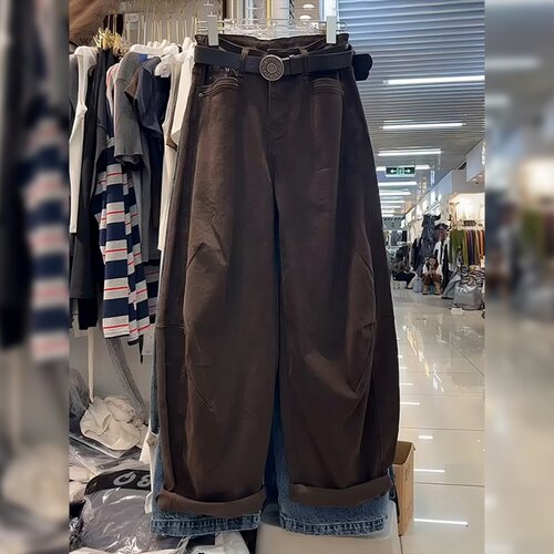 复古咖色牛仔裤女秋冬新款大码胖mm宽松显瘦小个子工装直筒阔腿裤
