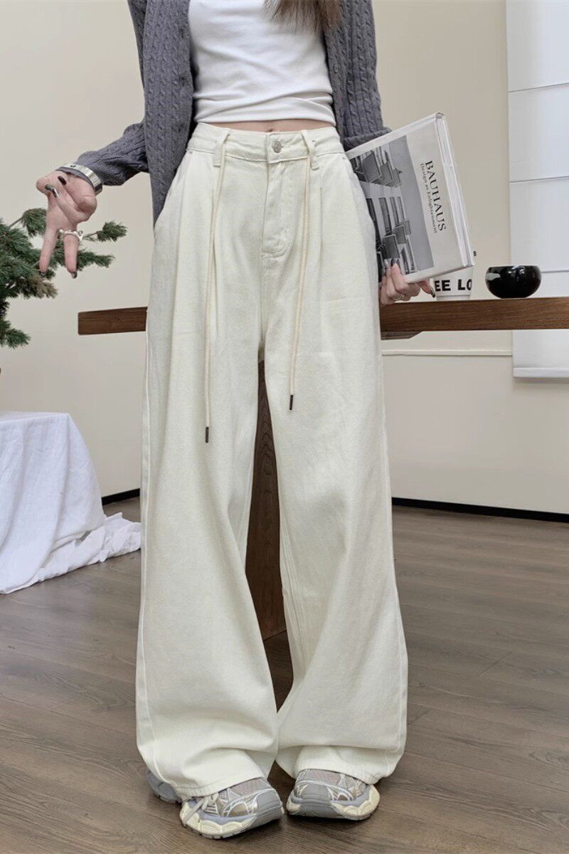 白色抽绳阔腿牛仔裤女秋季美式休闲高腰宽松百搭垂感拖地直筒长裤