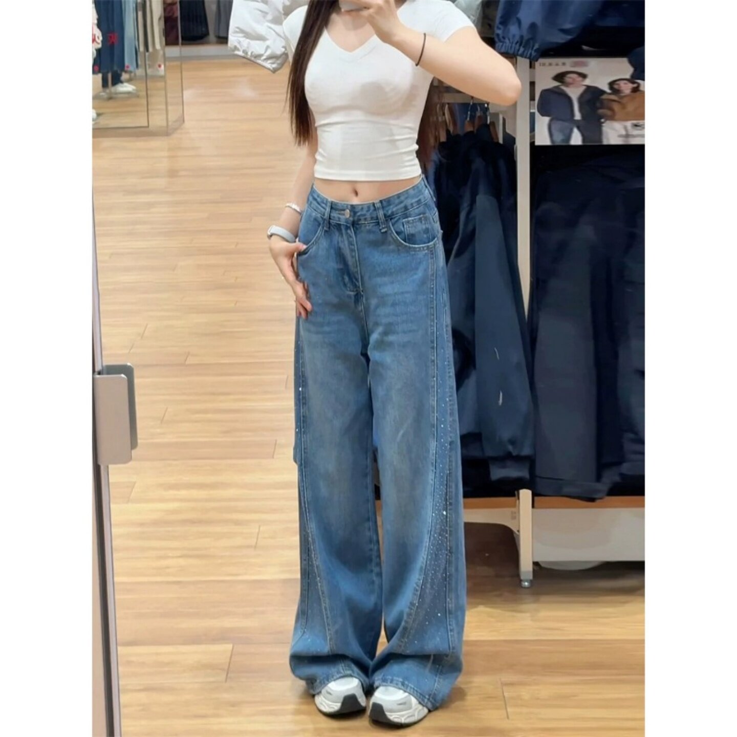 韩版满天星烫钻阔腿牛仔裤女夏季新款大码胖mm高腰显瘦宽松直筒裤
