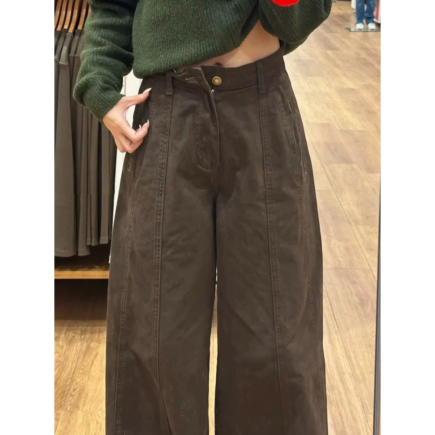复古咖啡色阔腿牛仔裤女秋季新款高腰宽松显瘦休闲百搭咖色直筒裤