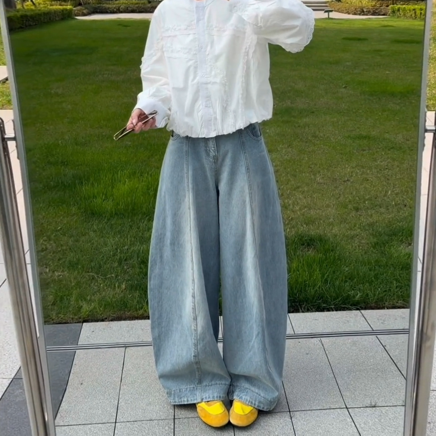 蓝色超好看气球裤牛仔阔腿弯刀裤女2026春夏新款高腰直筒宽松裤子