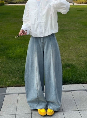 蓝色超好看气球裤牛仔阔腿弯刀裤女2026春夏新款高腰直筒宽松裤子