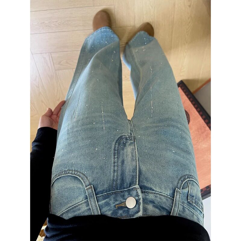 设计感满天星烫钻牛仔裤女2026春季新款胖mm宽松显瘦直筒阔腿长裤