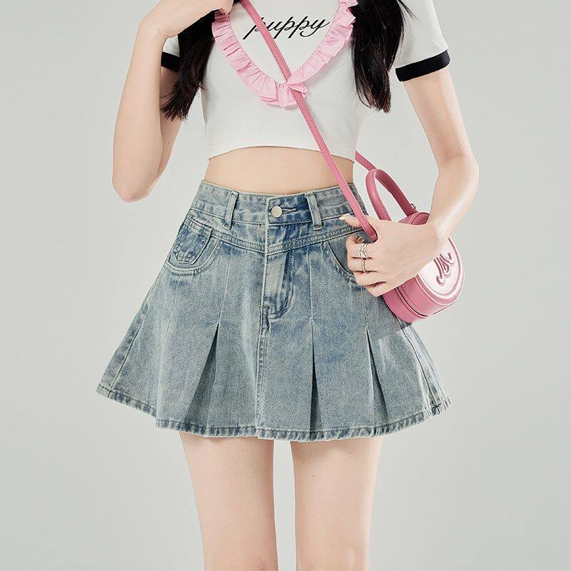 浅蓝色牛仔短裙女夏季新款A字显瘦短款半身裙高腰百褶防走光裙子