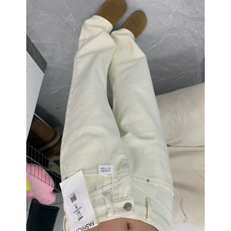 加绒加厚米白色宽松直筒牛仔裤女秋冬新款高腰显瘦设计感阔腿裤子