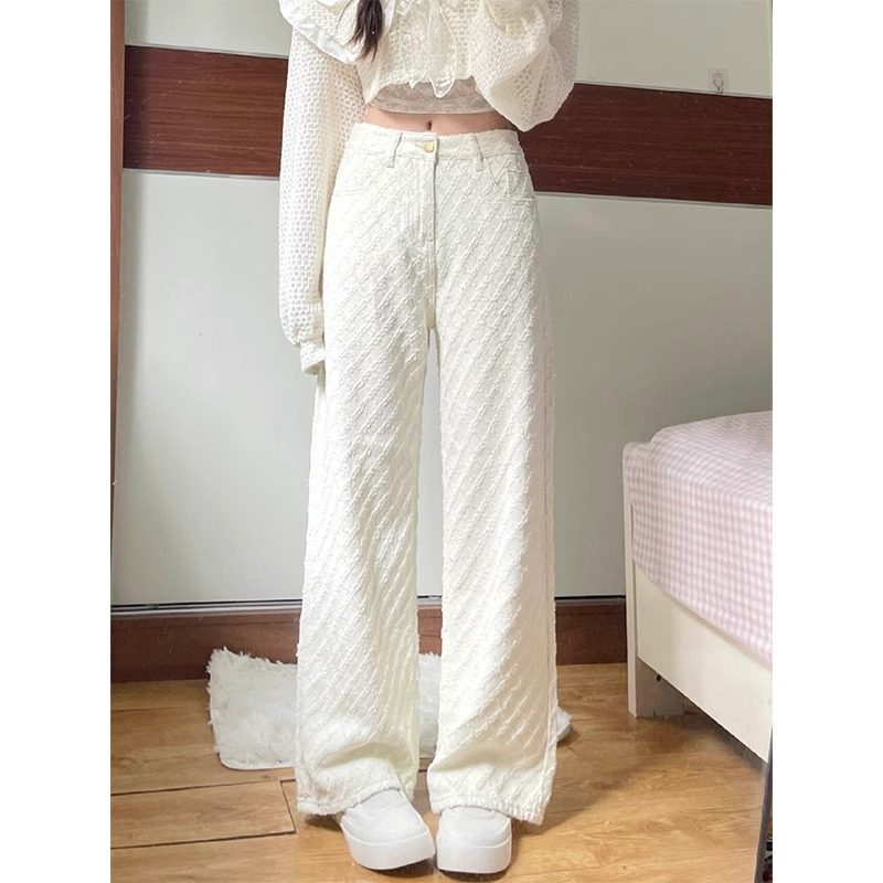 薄款菱格白色阔腿裤女装2026新款春款小香风裤子窄版显瘦拖地裤