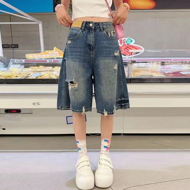 欧美式潮牌破洞牛仔裤女2026夏季新款大码胖mm宽松显瘦五分中裤子