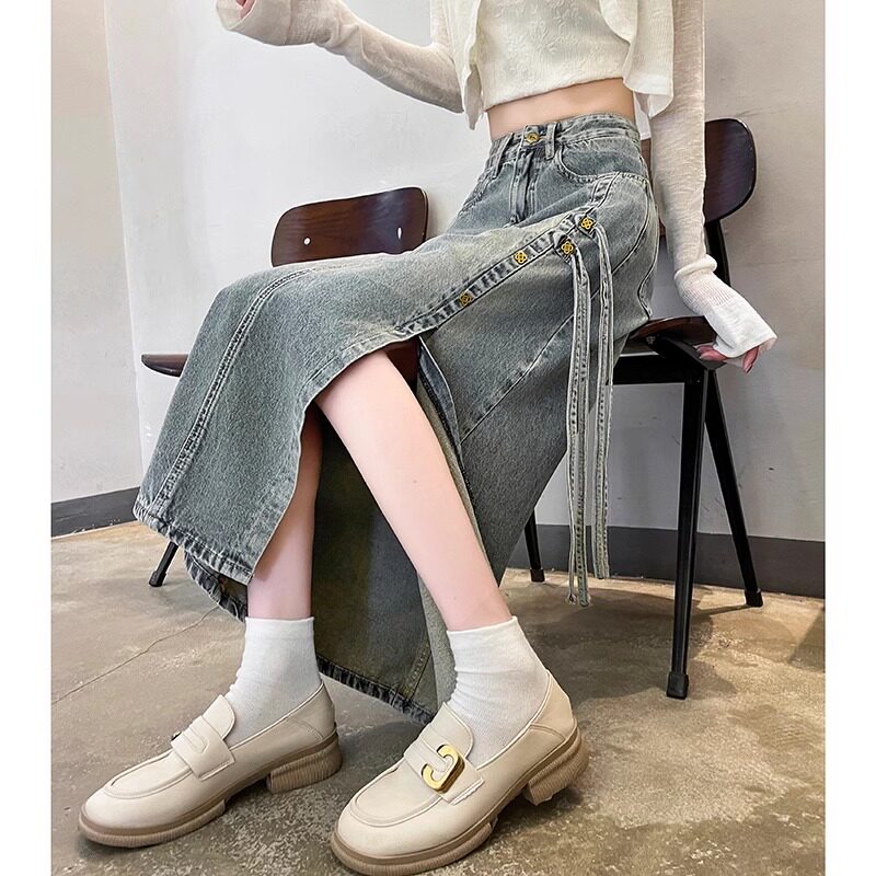 开叉牛仔半身裙女2026年春装新款高腰显瘦a字裙中长款加厚包臀裙