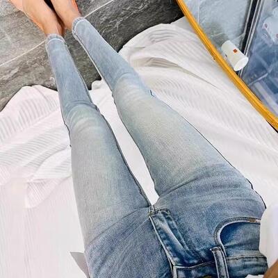 漂亮的浅蓝色!气质百搭高腰双排扣九分牛仔裤女韩国东大门小脚裤