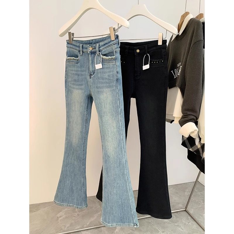 浅色高腰百搭牛仔裤女春季2025新款显瘦小个子弹力修身微喇叭裤