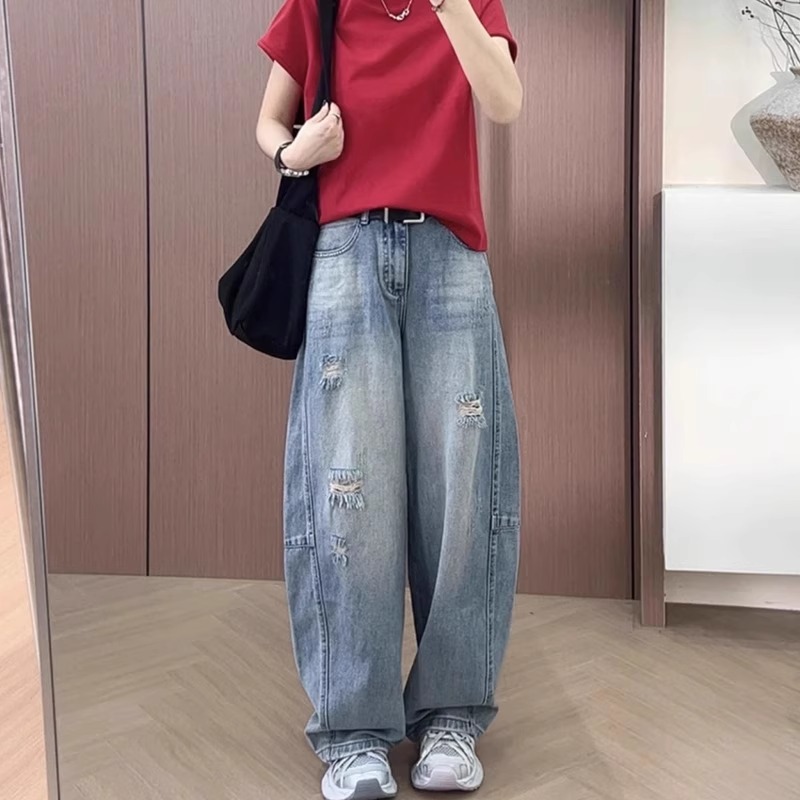 破洞牛仔裤女2025夏季薄款大码胖mm梨形身材显瘦小个子窄版直筒裤