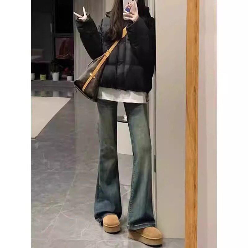 美式复古微喇牛仔裤女秋冬款加绒大码胖mm高腰弹力显瘦喇叭马蹄裤