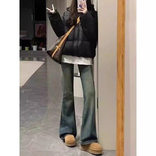 胖mm高腰弹力显瘦喇叭马蹄裤 美式 加绒大码 女秋冬款 复古微喇牛仔裤