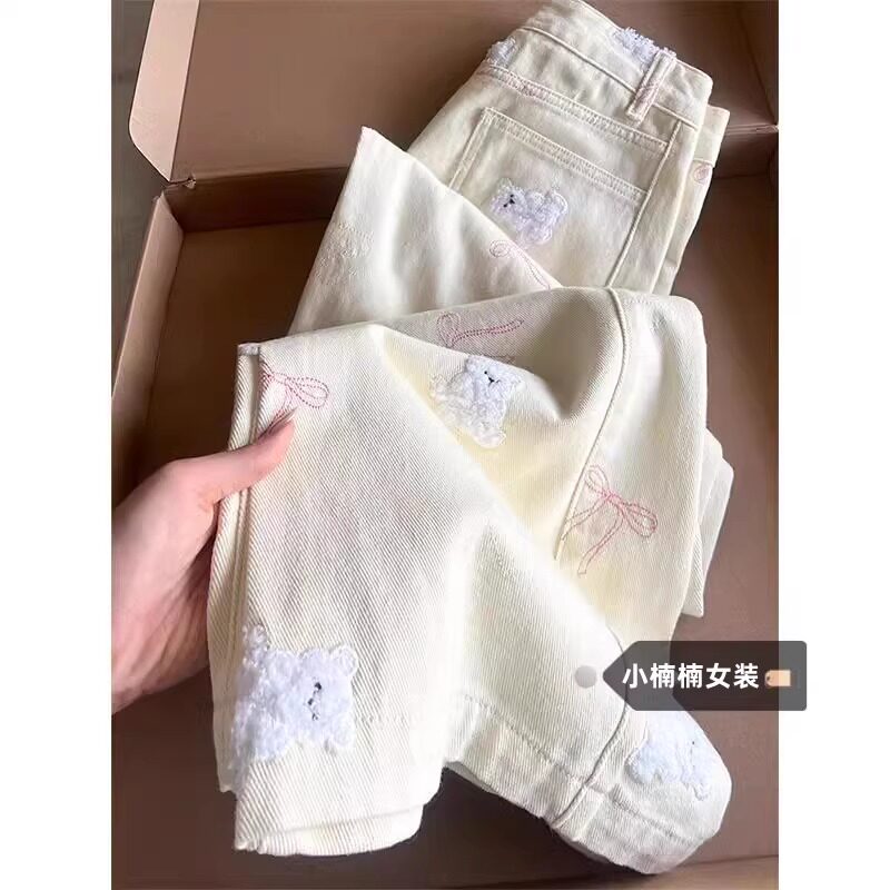 大码少女风设计感小熊贴绣牛仔裤女2026春季新款宽松显瘦阔腿长裤