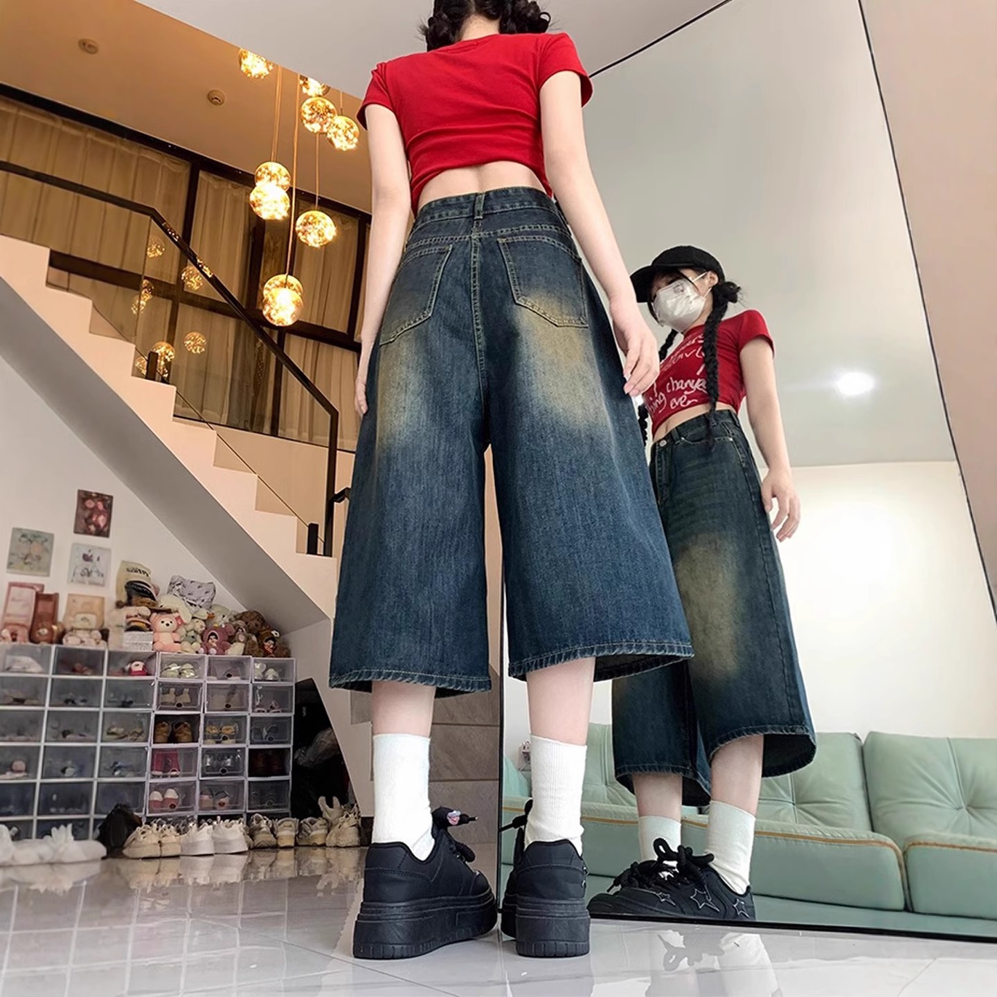 美式复古阔腿牛仔短裤女夏季大码胖mm高腰宽松显瘦直筒七分中裤子