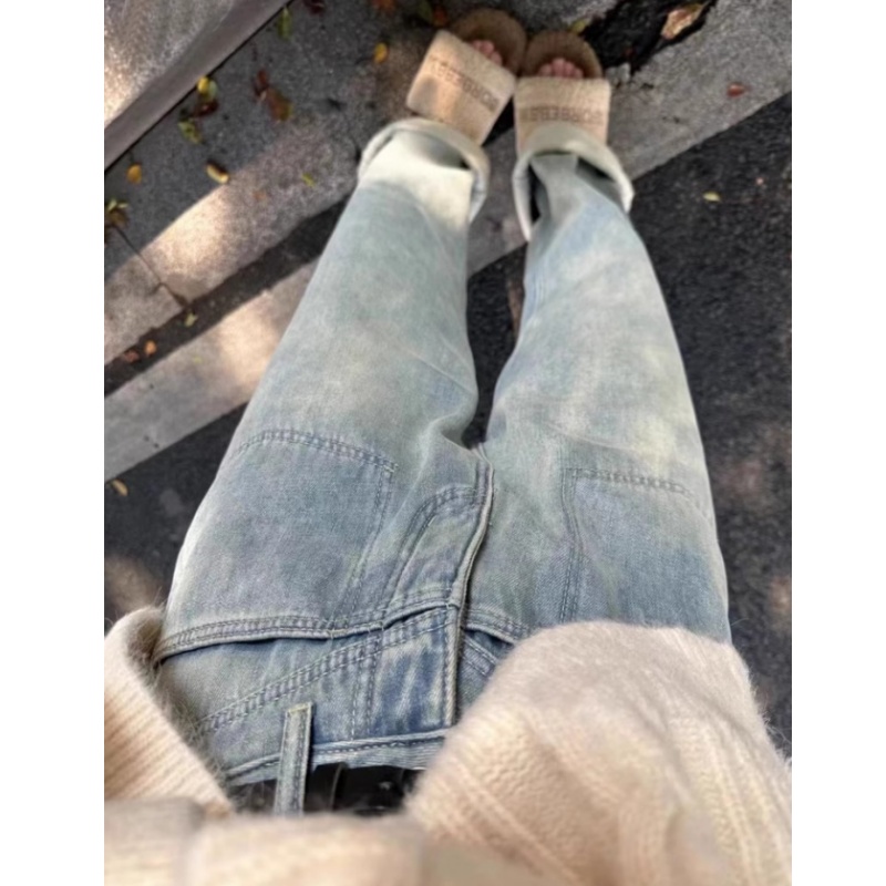 复古蓝加绒直筒牛仔裤女秋冬大码胖mm不贴腿高腰宽松显瘦阔腿长裤