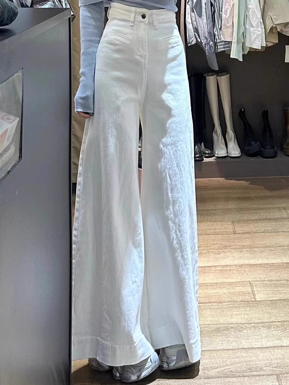 白色阔腿裤牛仔裤女春新款2026显瘦显高中式直筒宽松拖地喇叭长裤
