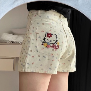 高腰显瘦a字热裤 大码 女夏季 女装 胖mm甜美趣味kitty猫刺绣牛仔短裤