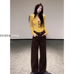 美拉德棕咖色阔腿牛仔裤女加绒高腰直筒宽松辣妹拖地裤子加长春秋