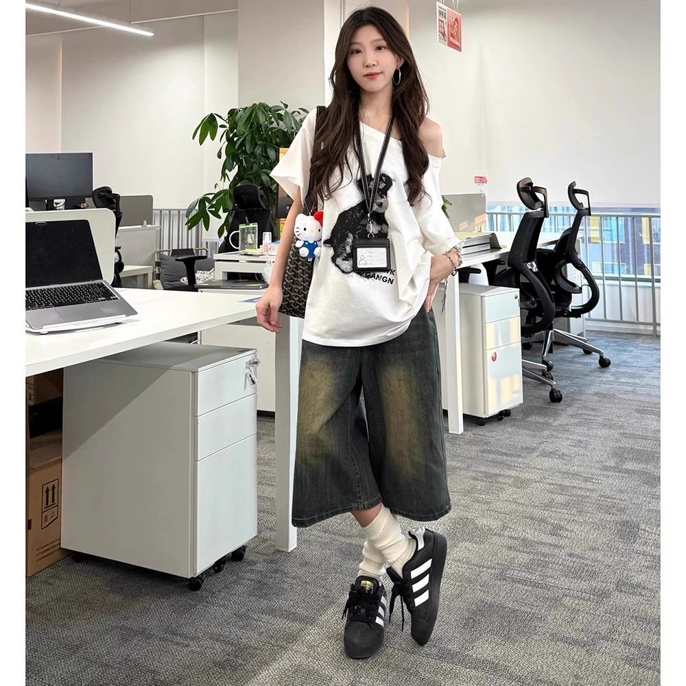 美式复古做旧七分牛仔裤女夏季高腰五分中裤阔腿直筒梧桐六分短裤