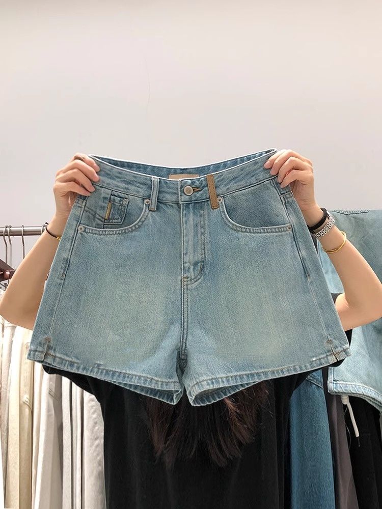 欧货复古卡布牛仔短裤女2025夏新款热裤韩系蓝色高腰A字阔腿裤潮