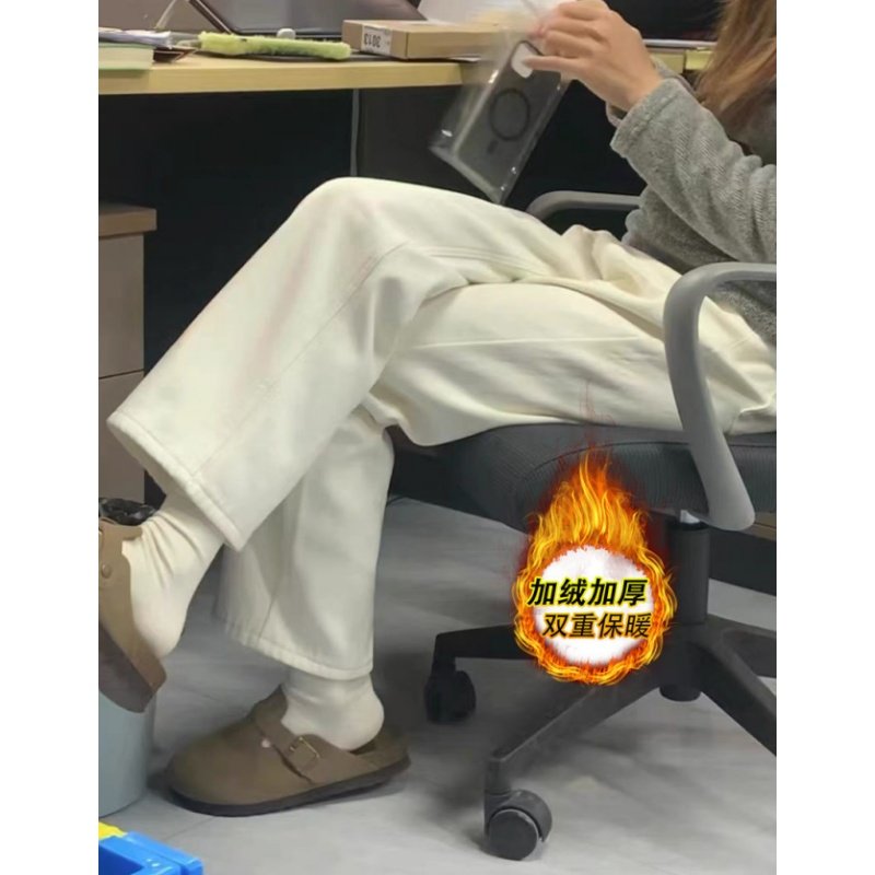 秋冬新款加绒加厚宽松直筒牛仔裤女高腰显瘦休闲白色窄版阔腿裤子
