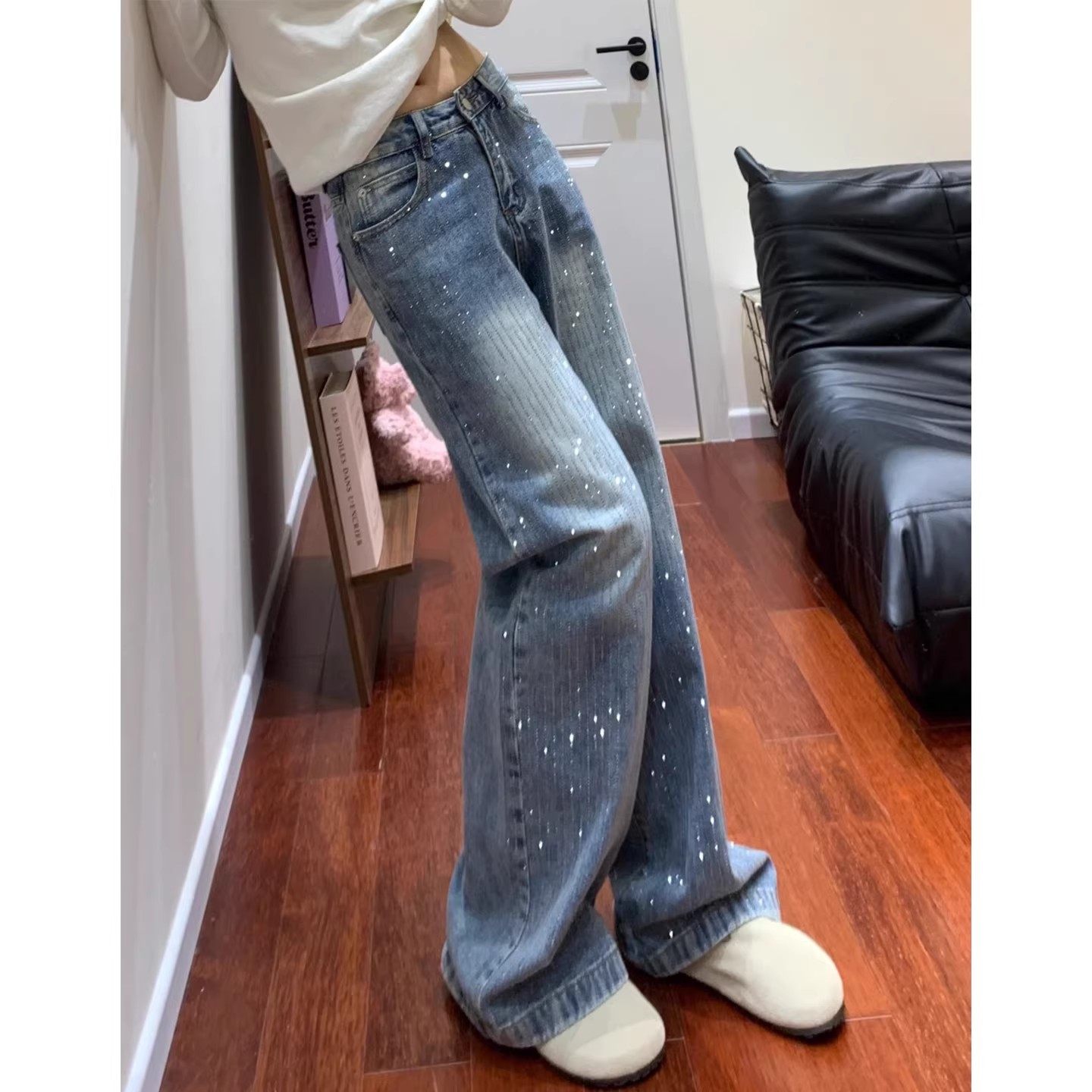 满天星烫钻牛仔裤女大码胖mm加绒窄版直筒裤小个子梨形阔腿爆闪裤