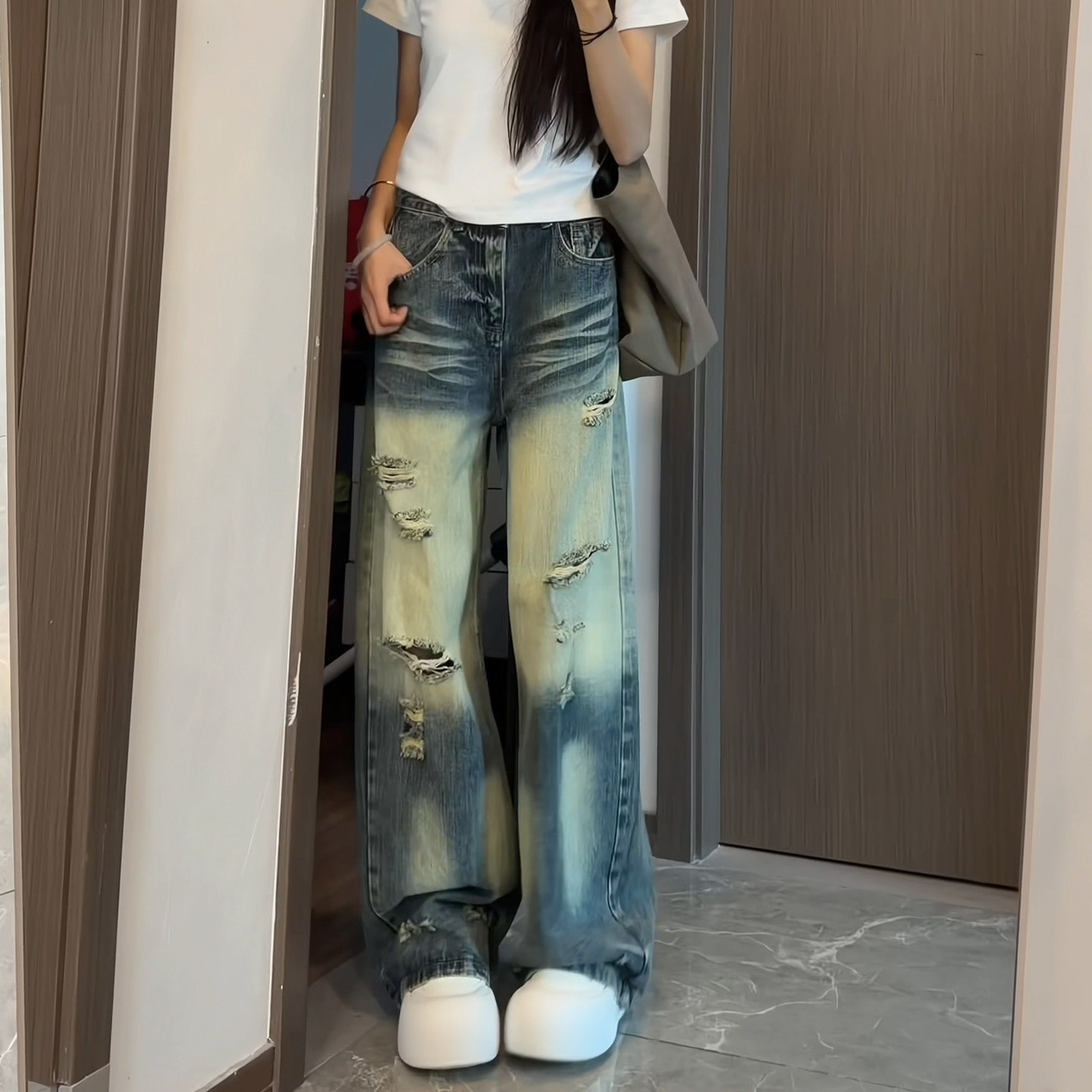 美式高街复古蓝破洞阔腿牛仔裤女2026秋季新款高腰垂感直筒拖地裤