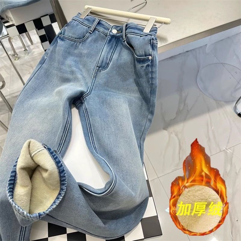 浅蓝色加绒高腰直筒牛仔裤女冬季复古百搭宽松显瘦窄版拖地阔腿裤