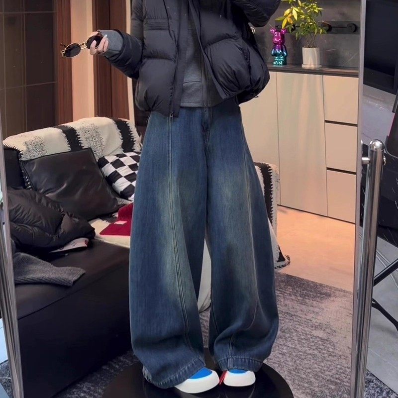 加绒加厚弯刀牛仔裤女冬季2025新款大码胖mm显瘦慵懒风宽松阔腿裤