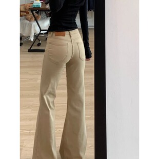 卡其色微喇牛仔裤女大码胖mm巨好看裤子梨型身材不贴腿直筒喇叭裤