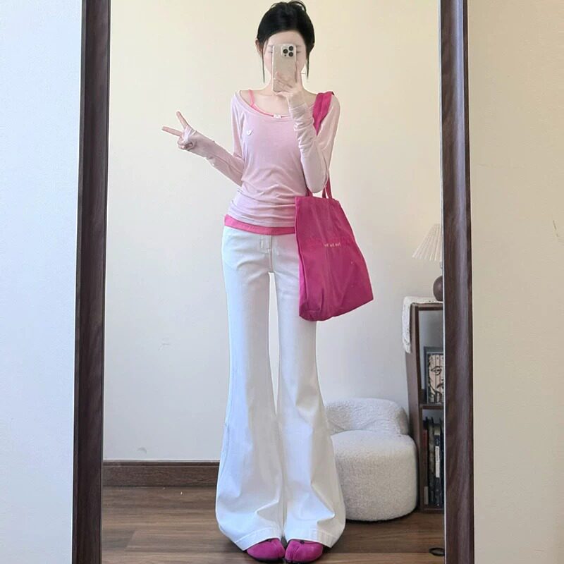美式复古白色微喇牛仔裤女夏季2026新款高腰宽松阔腿直筒喇叭裤子
