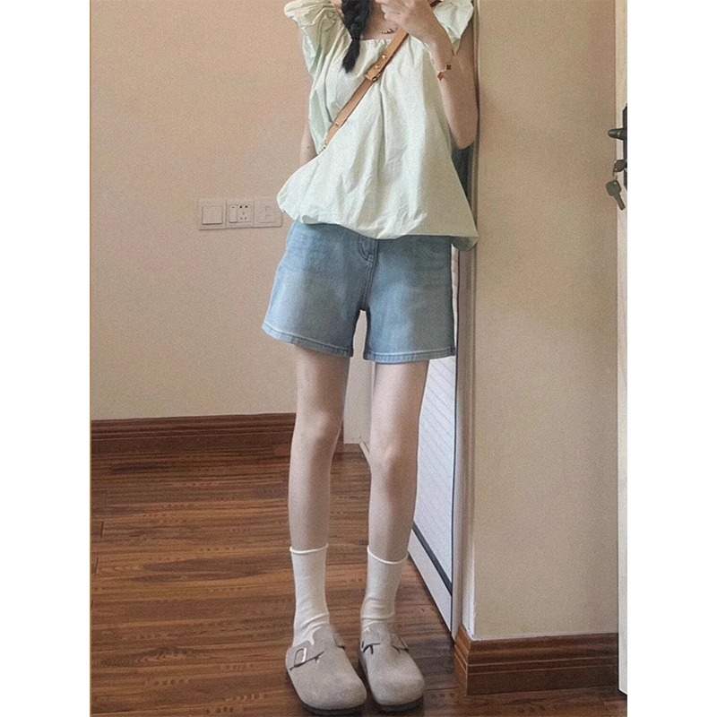 美式高街浅色牛仔短裤女款夏季薄款2025新款高腰宽松a字阔腿热裤