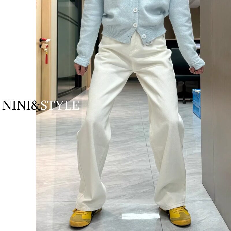 白色窄版阔腿牛仔裤女春季2026新款高腰高级垂感宽松小个子直筒裤