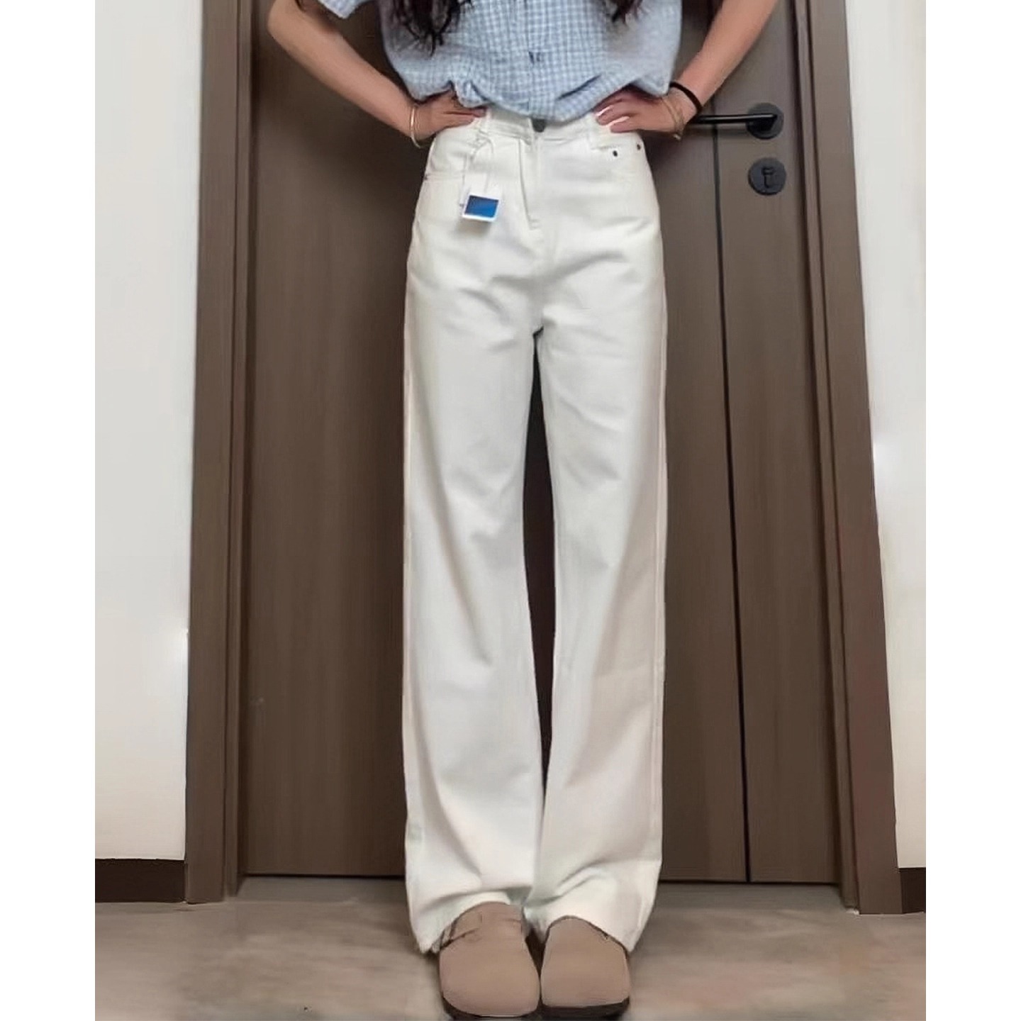 白色裤子女2025新款春秋季大码胖mm显瘦窄版牛仔裤宽松高腰直筒裤
