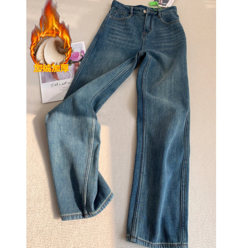 秋冬新款宽松直筒牛仔裤女复古蓝水洗高腰显瘦垂感时尚窄版阔腿裤