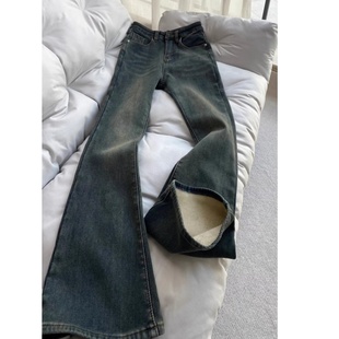 复古蓝水洗做旧微喇叭牛仔裤女秋冬新款加绒高腰弹力小个子马蹄裤