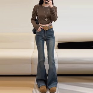 美式复古微喇叭牛仔裤女冬2025新款小个子高腰显瘦垂感加绒马蹄裤