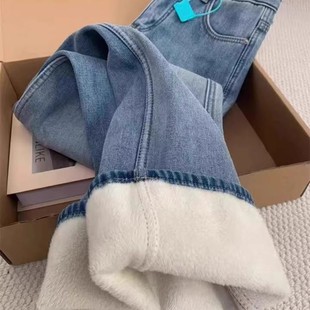 加绒加厚直筒牛仔裤女秋冬保暖长裤宽松高腰显瘦垂感窄版阔腿裤