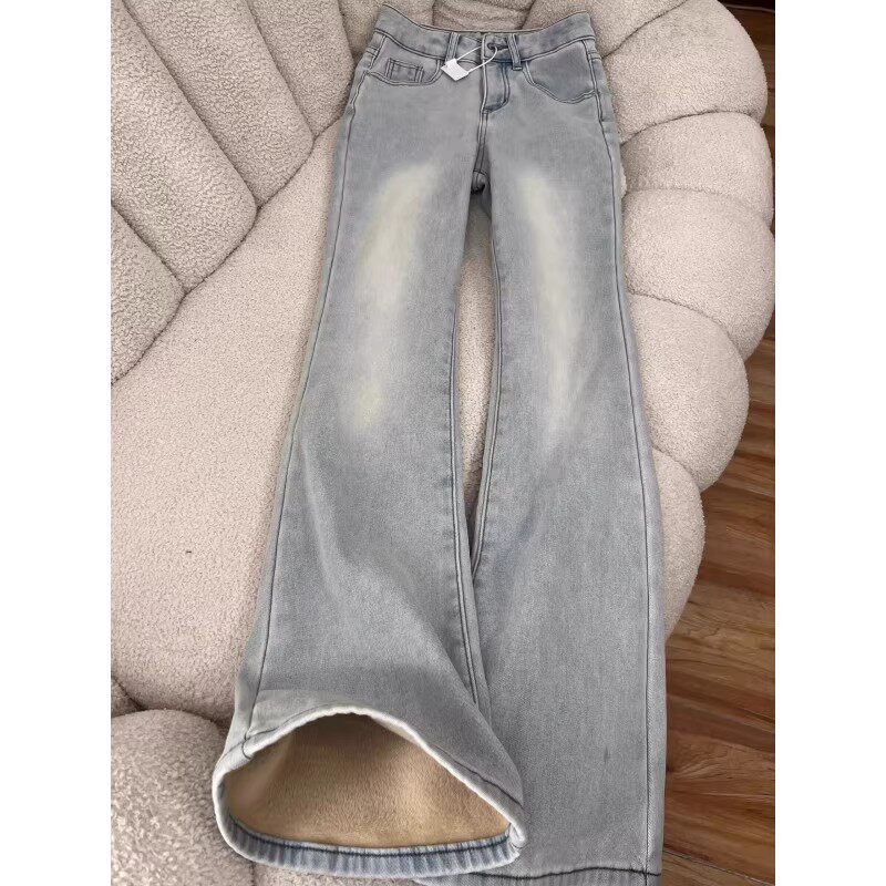 浅色加绒加厚微喇叭牛仔裤女2025冬季新款高腰显瘦弹力修身马蹄裤