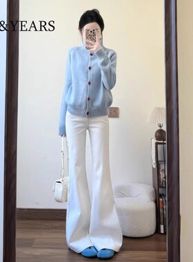 白色微喇牛仔裤女2026春季新款高腰显瘦不贴腿小个子马蹄喇叭裤子