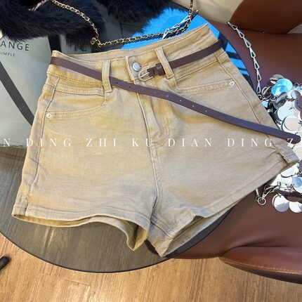 洋气款~卡其色牛仔短裤女夏季复古辣妹高腰修身显瘦A字热裤潮韩系