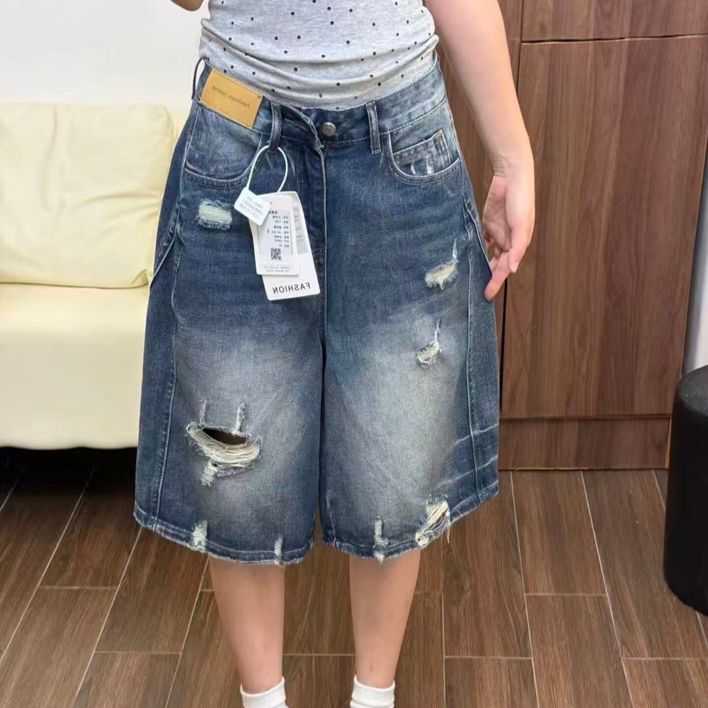 美式复古高腰破洞牛仔阔腿裤女2026夏季薄款宽松显瘦五分裤中裤潮