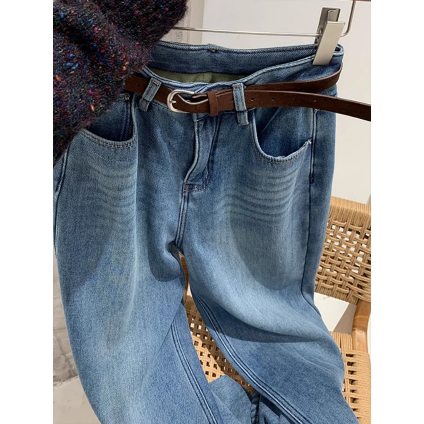 美式复古蓝色加绒加厚牛仔裤子女2025冬季新款高腰显瘦窄版直筒裤