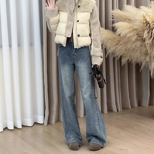 满天星烫钻加绒阔腿牛仔裤女2026冬加厚新款小个子蓝色垂感直筒裤