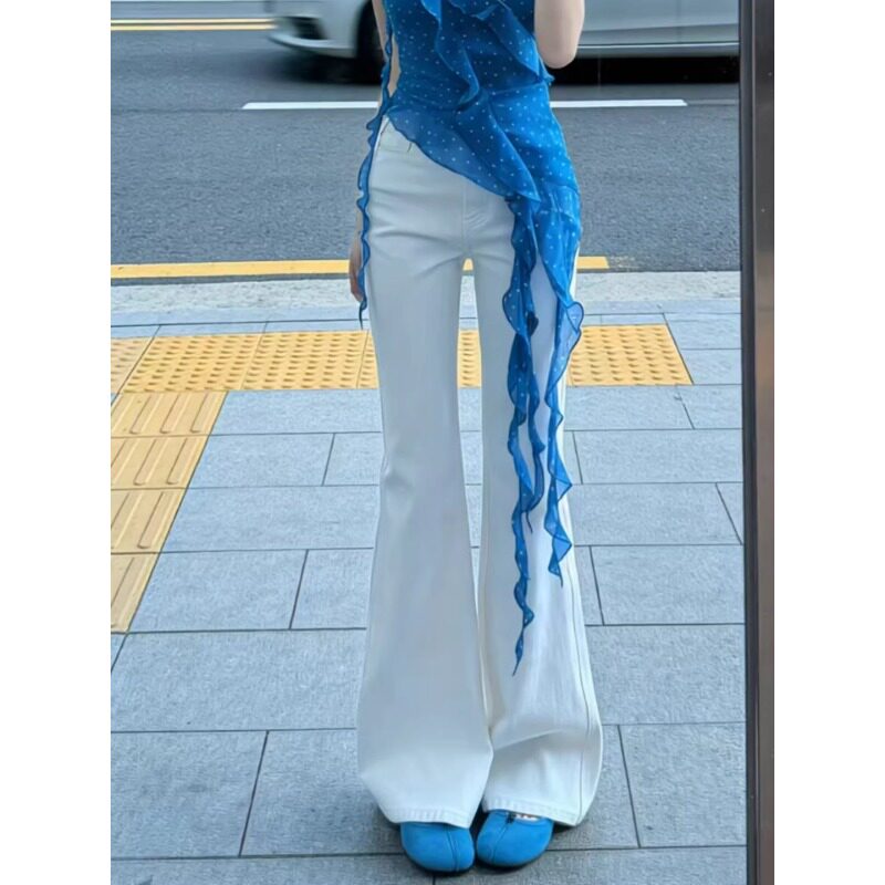 韩系白色高腰微喇牛仔裤女2026春季新款小个子修身弹力窄版喇叭裤