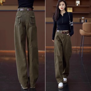 女秋冬今年流行小个子宽松显瘦军绿色弯刀裤 牛仔裤 潮 加绒工装 爆款