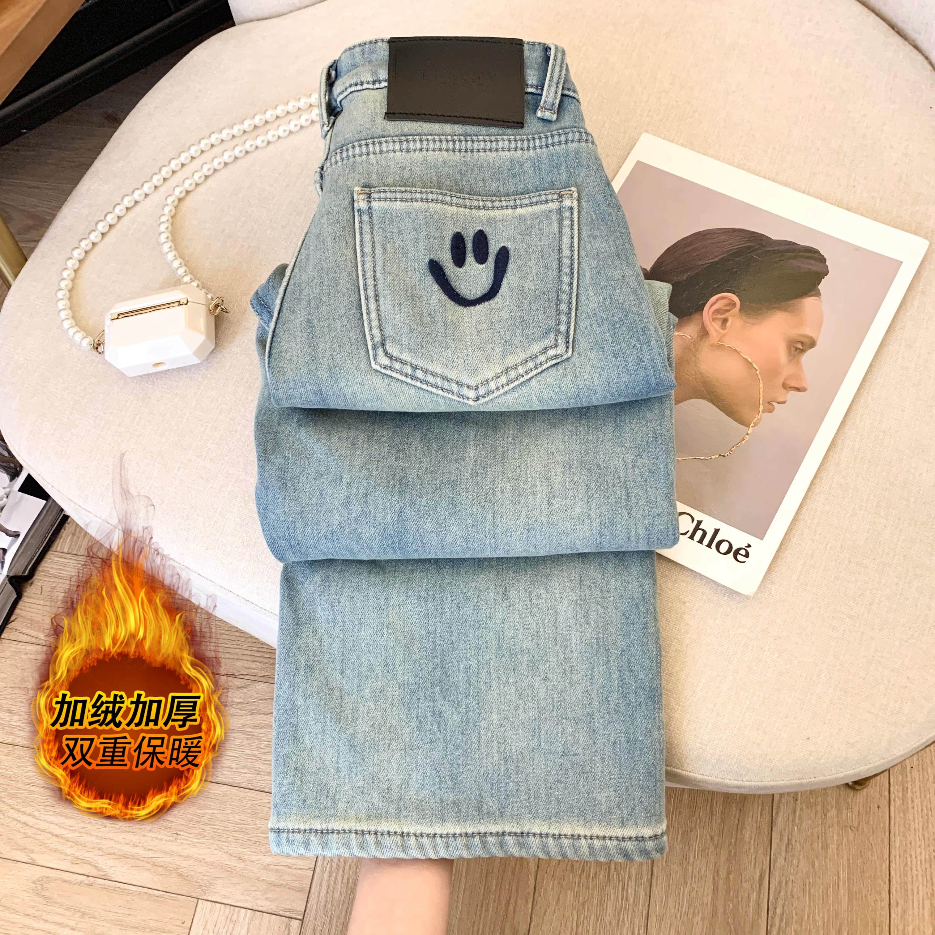 复古口袋刺绣阔腿牛仔裤
